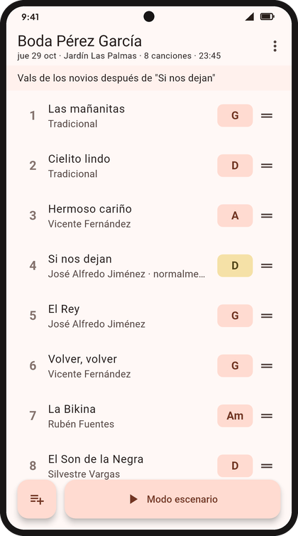 Setlist de una boda en la app, con el tono de cada canción