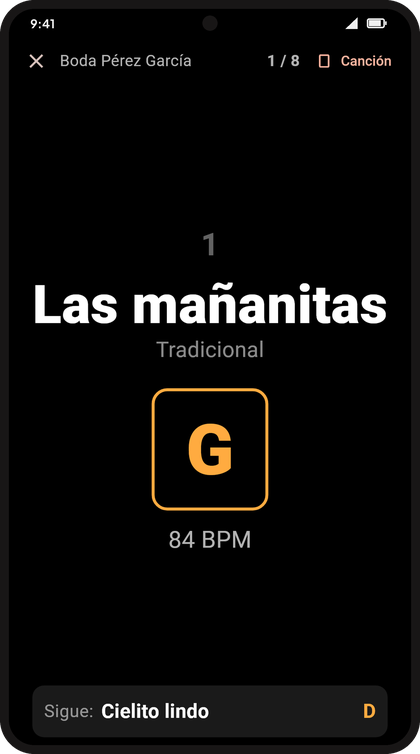 Modo escenario con la canción y su tono